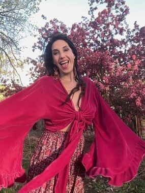 BELL SLEEVE CROP TOP RASPBERRY Cotton Velvet Eco 70s Glam- fits -plus